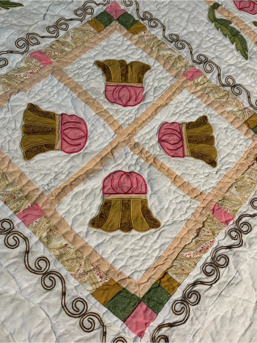 Vtg Appliqué Patchwork Quilt-Floral Tulip Basket Motif By French Tassel 50x50”